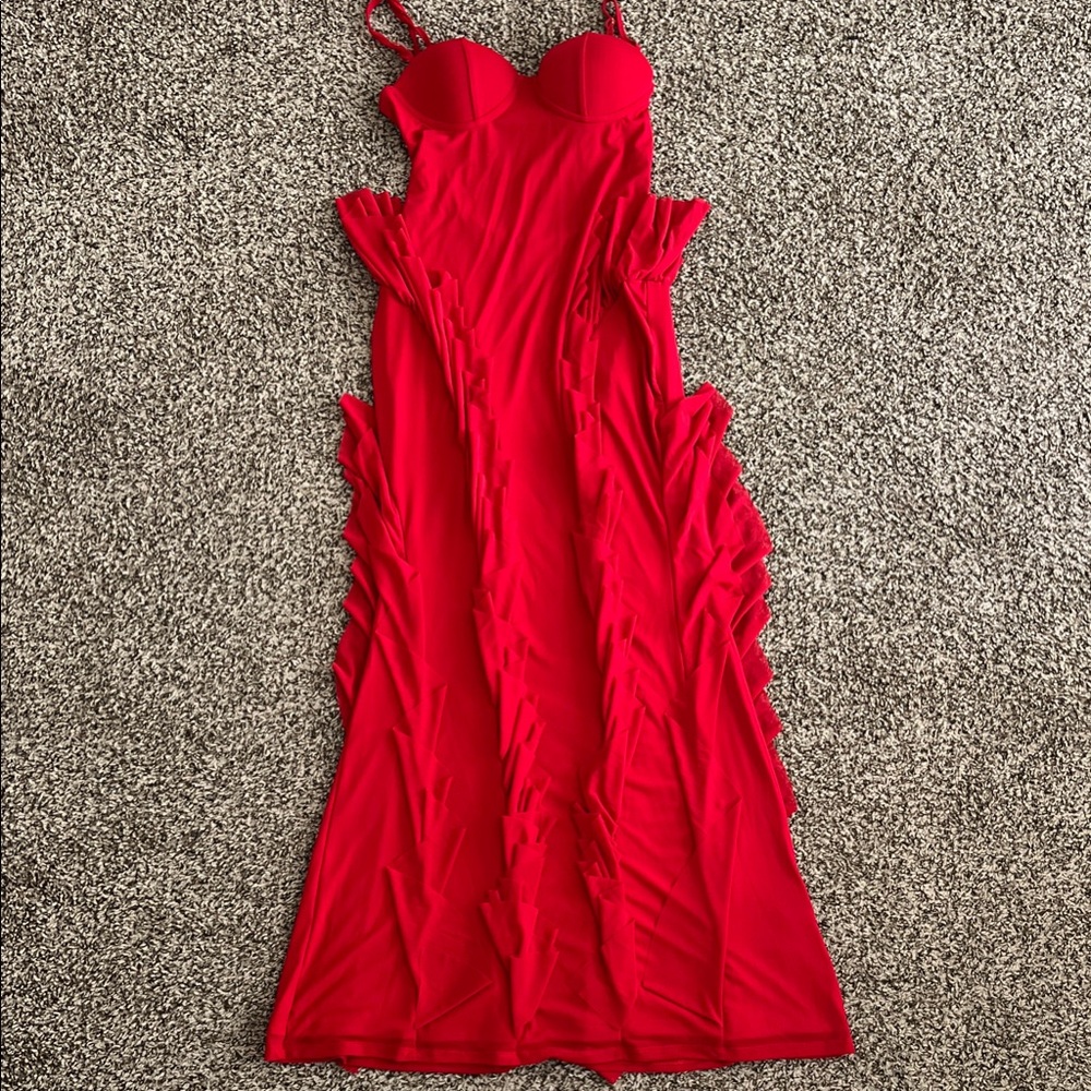 SILQUEE Red Ruffle-Side Maxi Dress